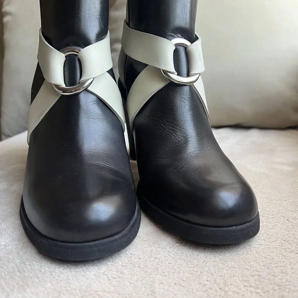 Maison Martin Margiela MM6 Black Leather w/ Cream Strap Ankle Booties EU 38 US 7